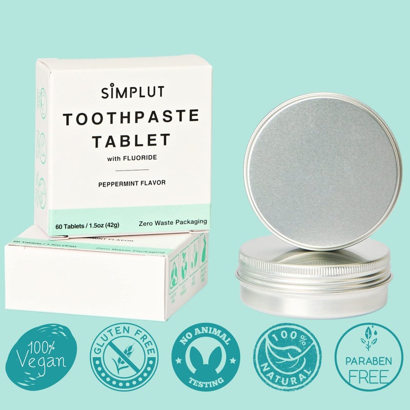 SIMPLUT Chewable Toothpaste Tablets with Fluoride, 60 Pack - Travel Sized Oral Care, Eco Friendly Vegan Dental Tabs for Brushing - All Natural, SLS Free Ingredients for Adults - Peppermint Flavored - Image 2
